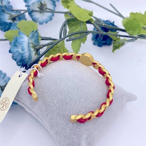 NWOT Tory Burch Gemini Red Leather Cuff Bracelet - Picture 5 of 7